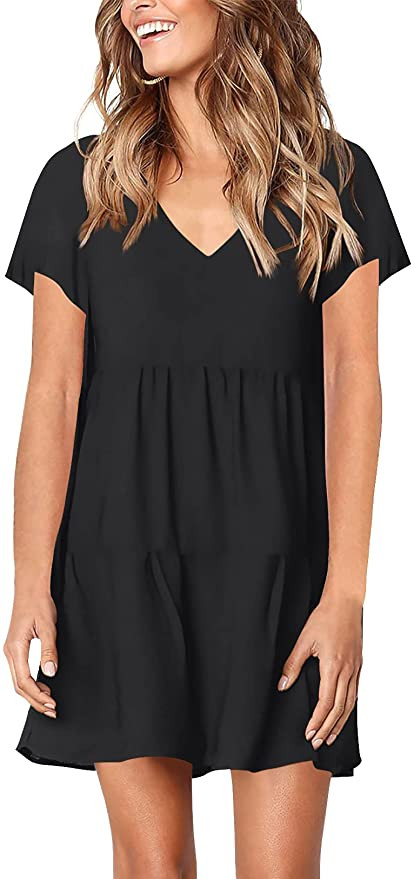 Cherfly Women's Casual Summer Lined Dress Summer V-Neck Short Sleeves (Black ,M)