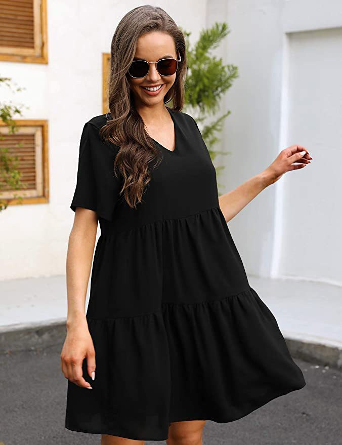 Cherfly Women's Casual Summer Lined Dress Summer V-Neck Short Sleeves (Black ,M)
